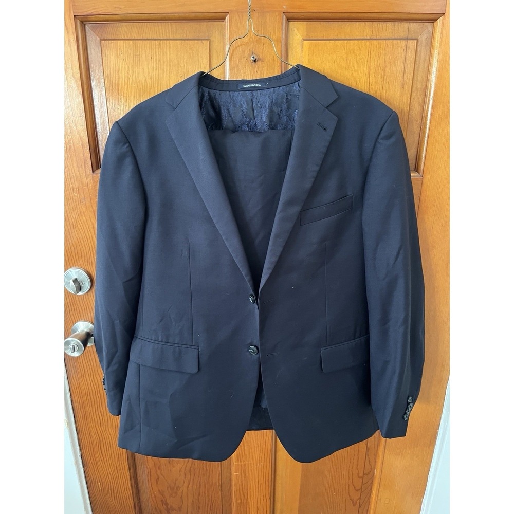Jos A Bank Mens Suit 46R Blazer 43R Pants Navy Blue Wool Two Button Notch Lapel